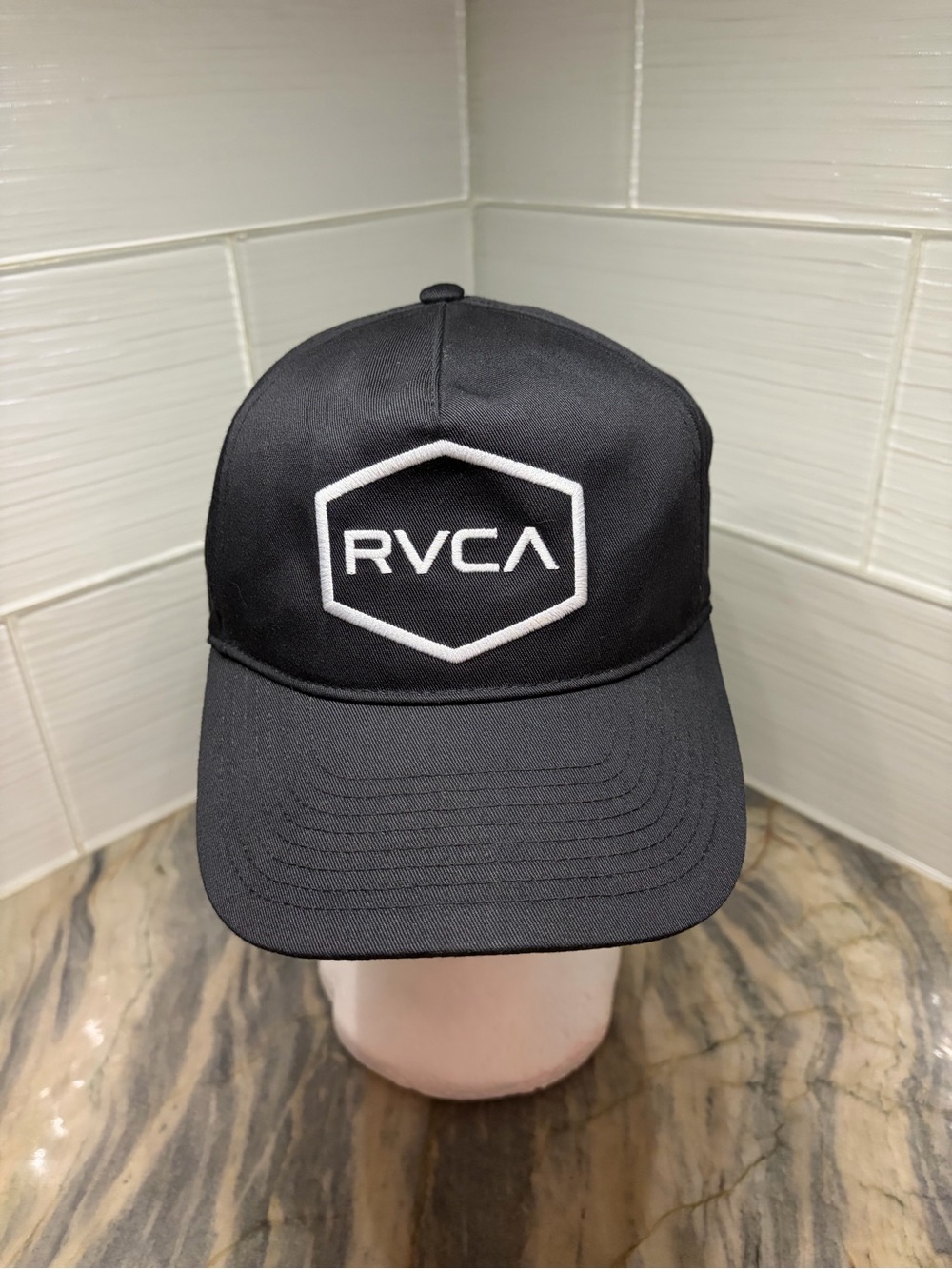 RVCA Snapback Hat Cap Black White Print Adjustable O/S Excellent Condition